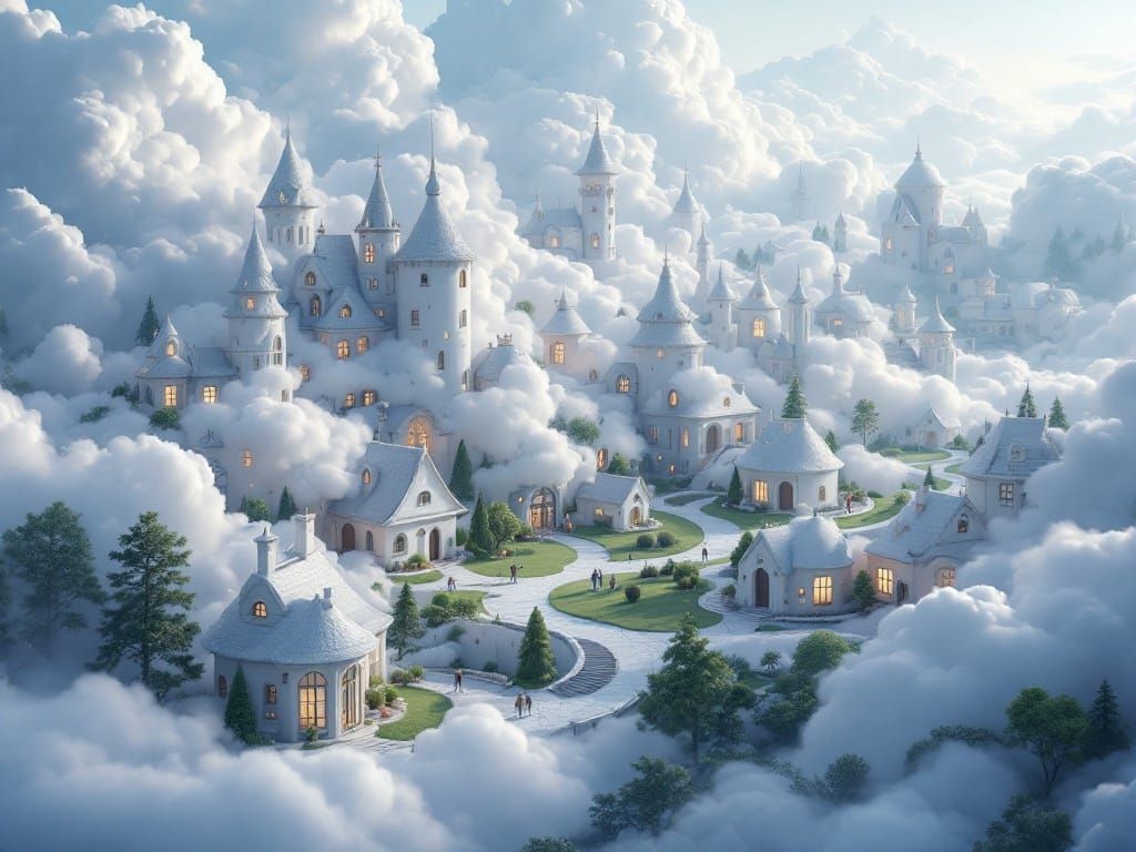 Ethereal Cloud Village in Whimsical Fantasy Style