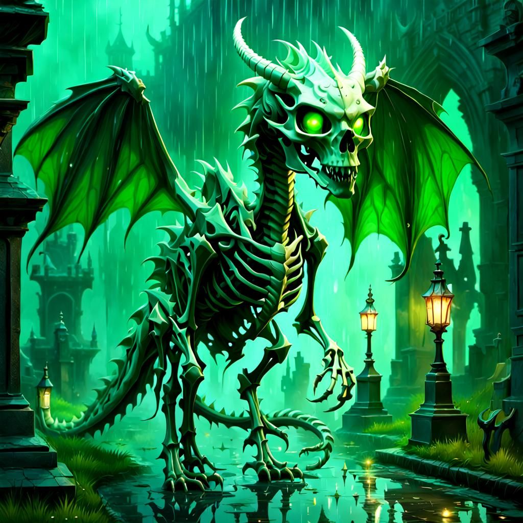 Adorable Dragon Skeleton in Graveyard, 3D Render