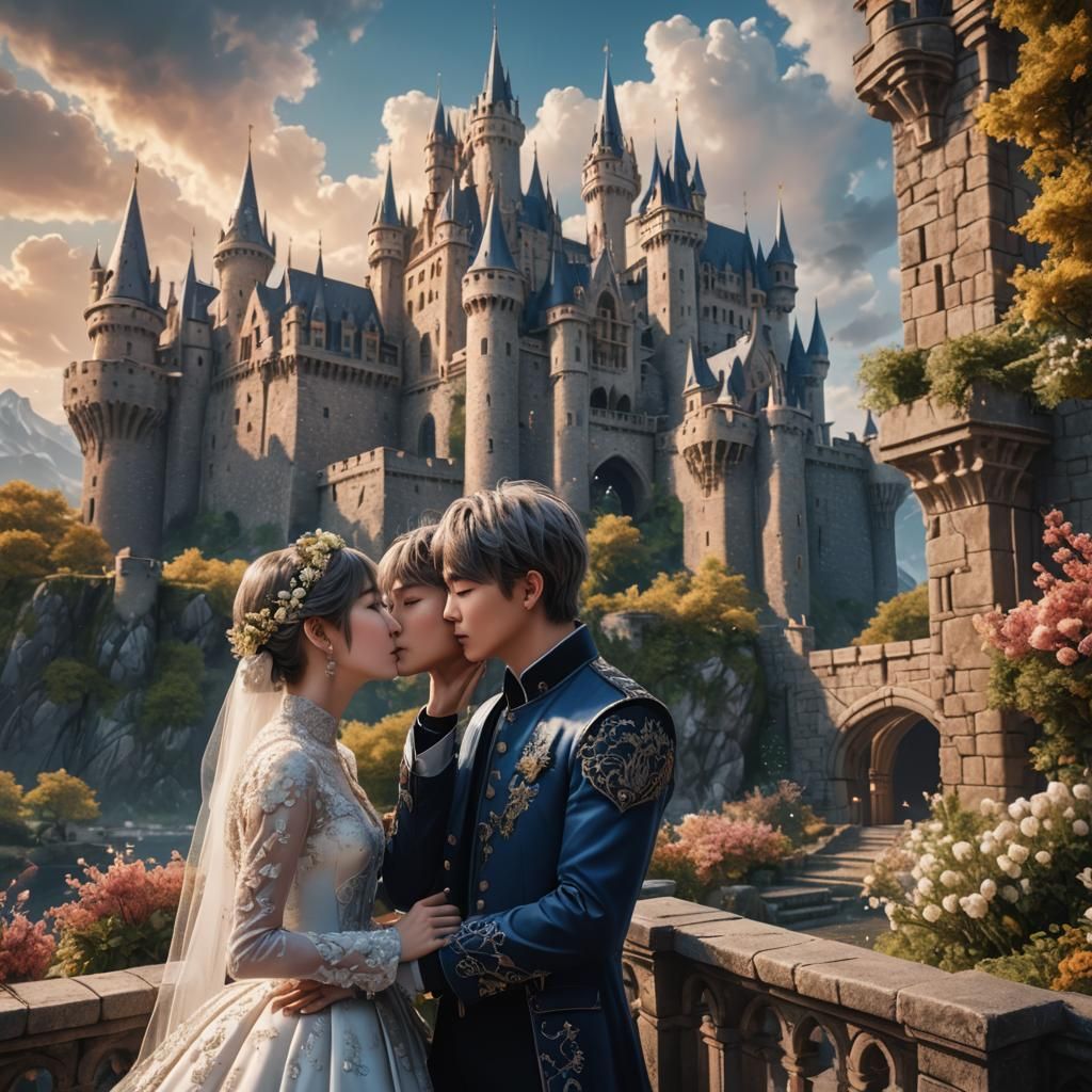 Romantic Scene with Castle Background in Detailed Matte Pain...