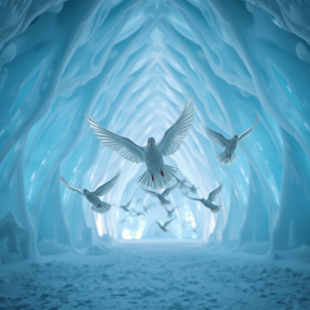 Gentle Doves Soar Within an Ice Cathedral in Ethereal Blue