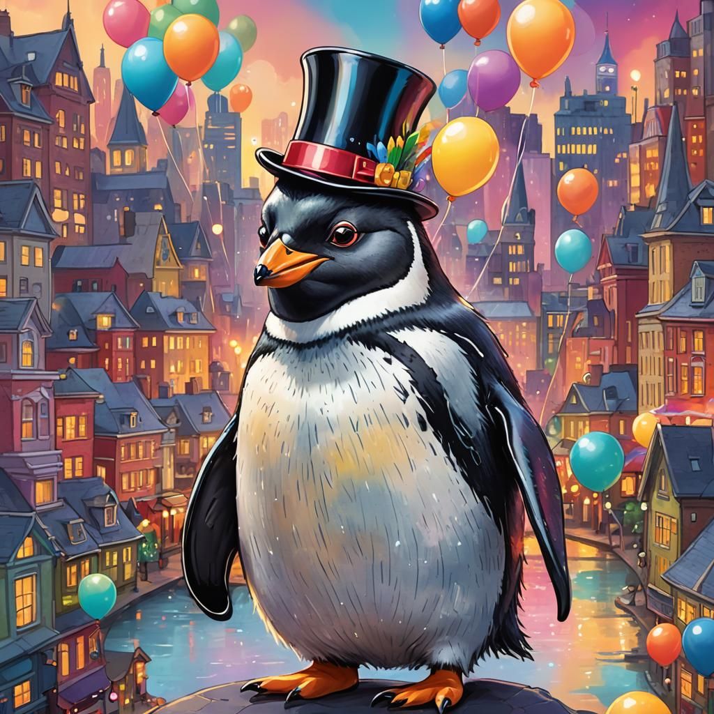 Penguin Portrait with Top Hat in Cartoon Style