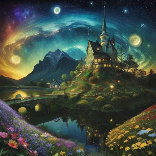 Ethereal Fairy Village Under Starry Night Sky