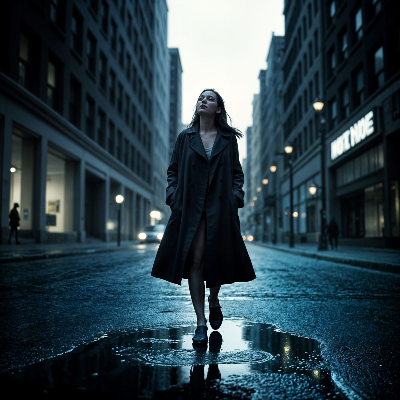 Solitary Woman in Moody City Street at Dusk