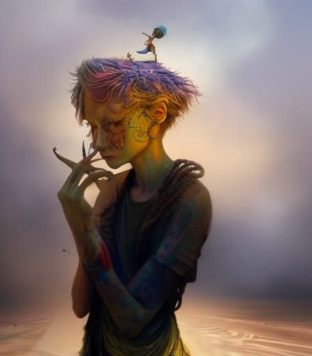 Fairy Beggar in Cardboard Box: Punk Rock Illustration