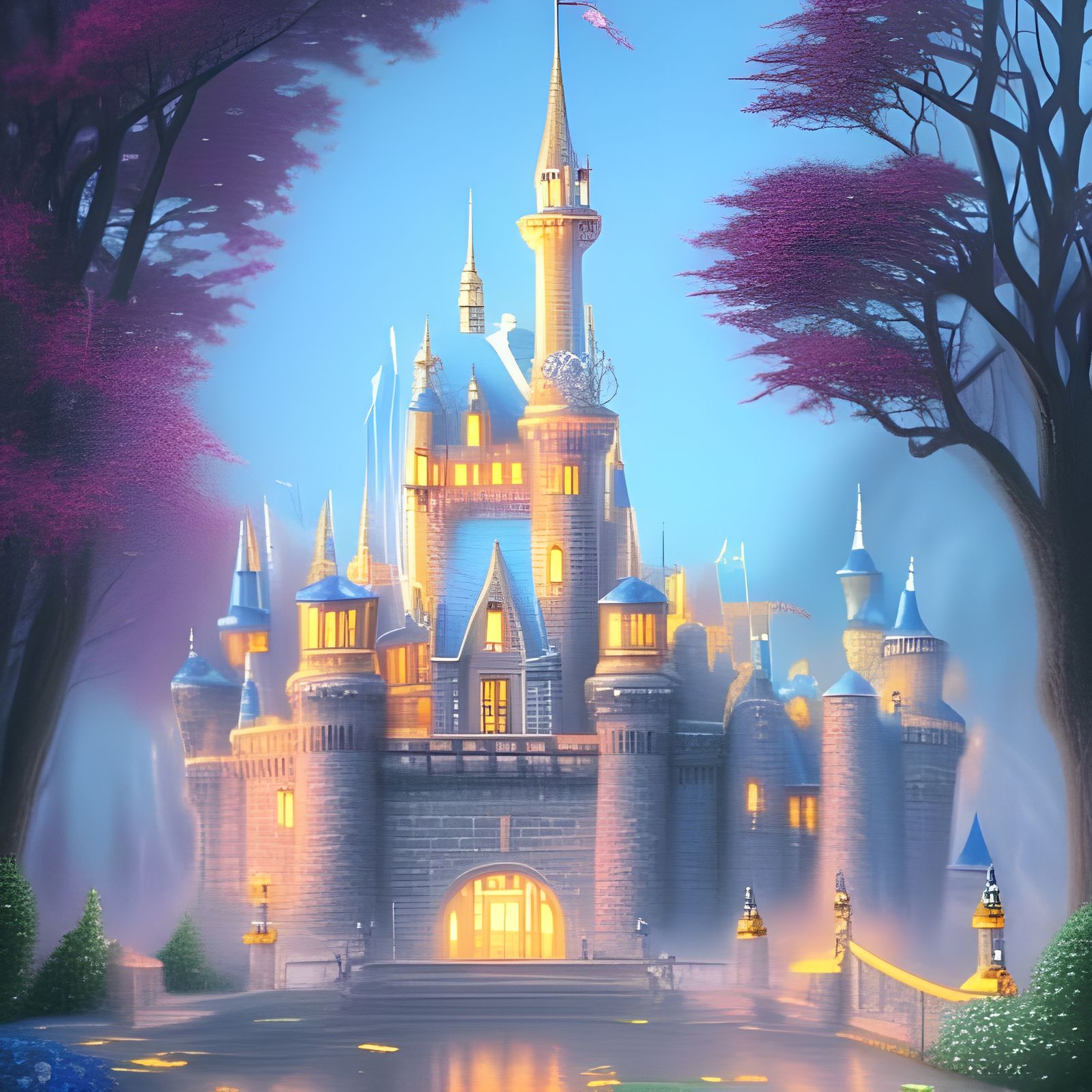 Cinderella's Ethereal Cartoon Palace in Kinkade Style