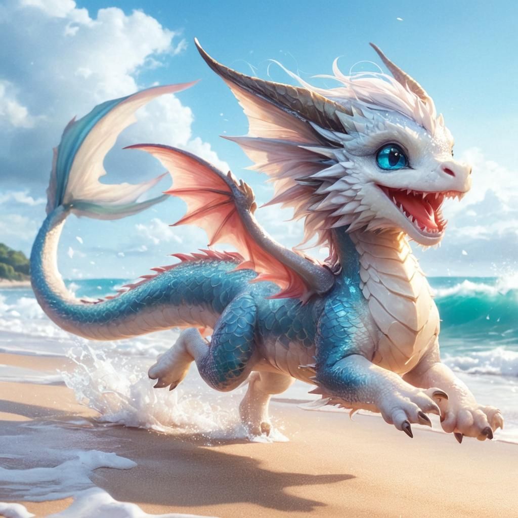 Anime Mermaid Dragon Runs on Beach
