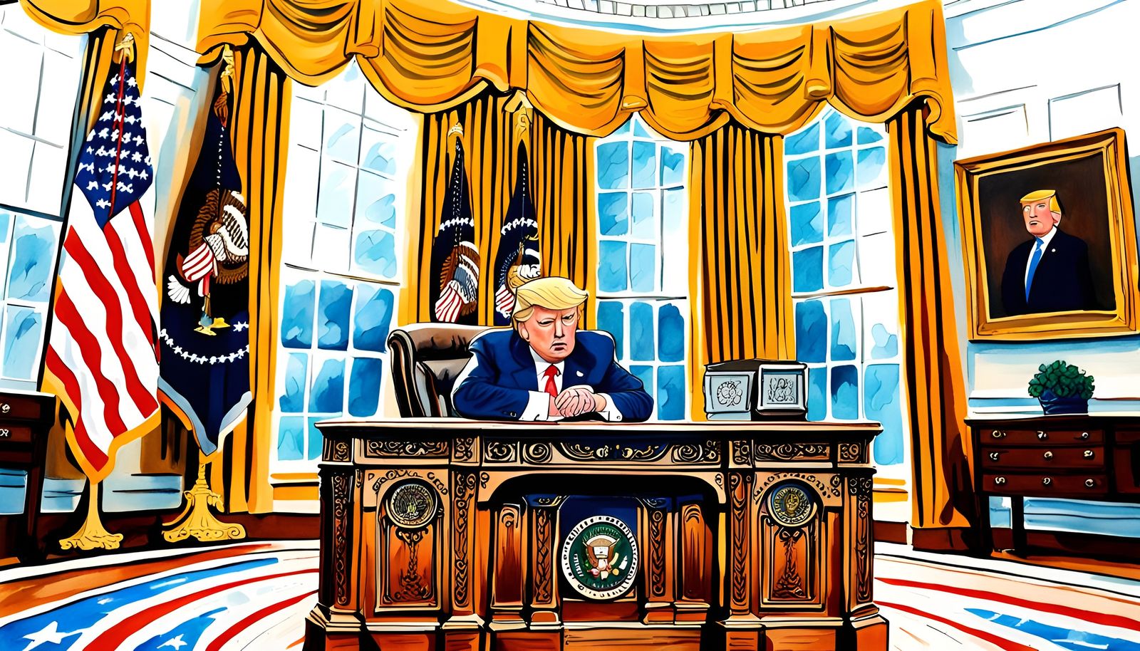 Donald Trump at the Resolute Desk: Folk Art Watercolor