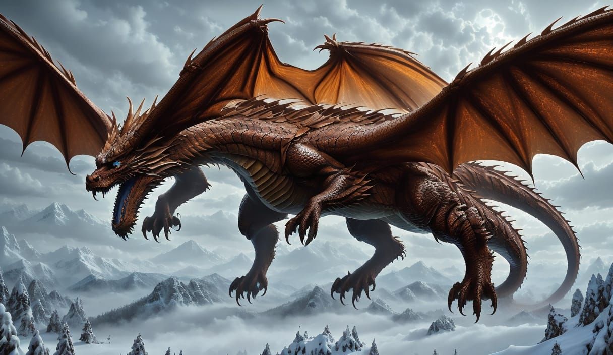 Copper Dragon Soars Over Snowy Mountains in Detailed Realism