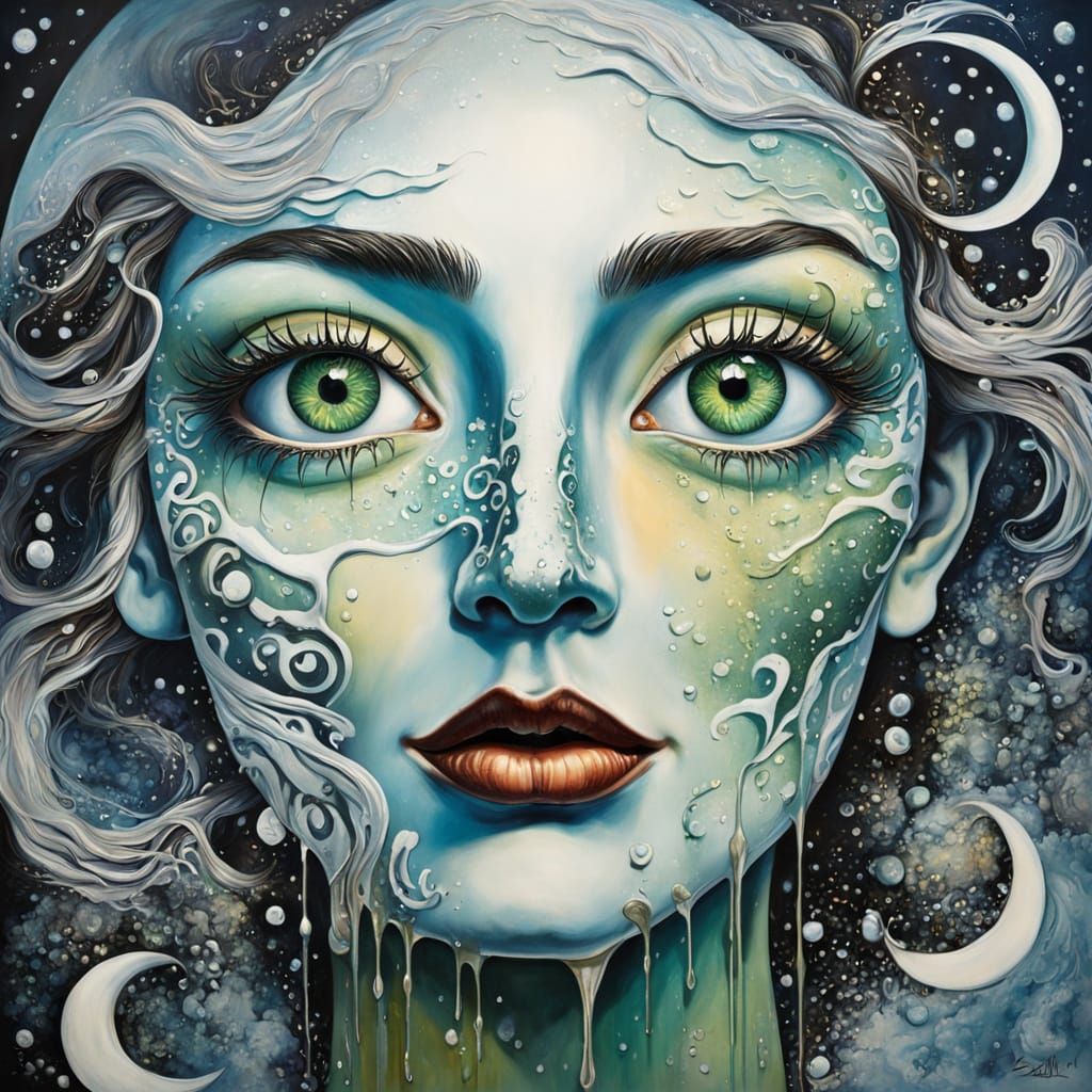 Dreamlike Woman in a Melting Night Landscape