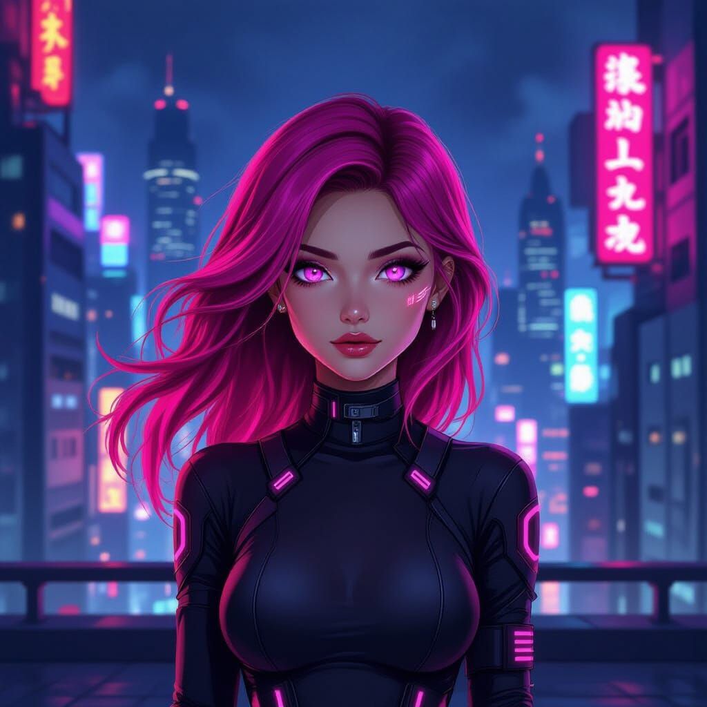 Cyberpunk Woman with Pink Hair on Futuristic Rooftop