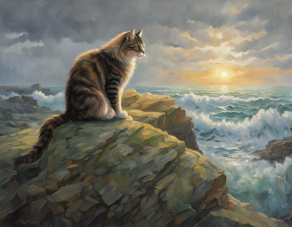 Regal Cat on Windswept Seashore in Oil Painting