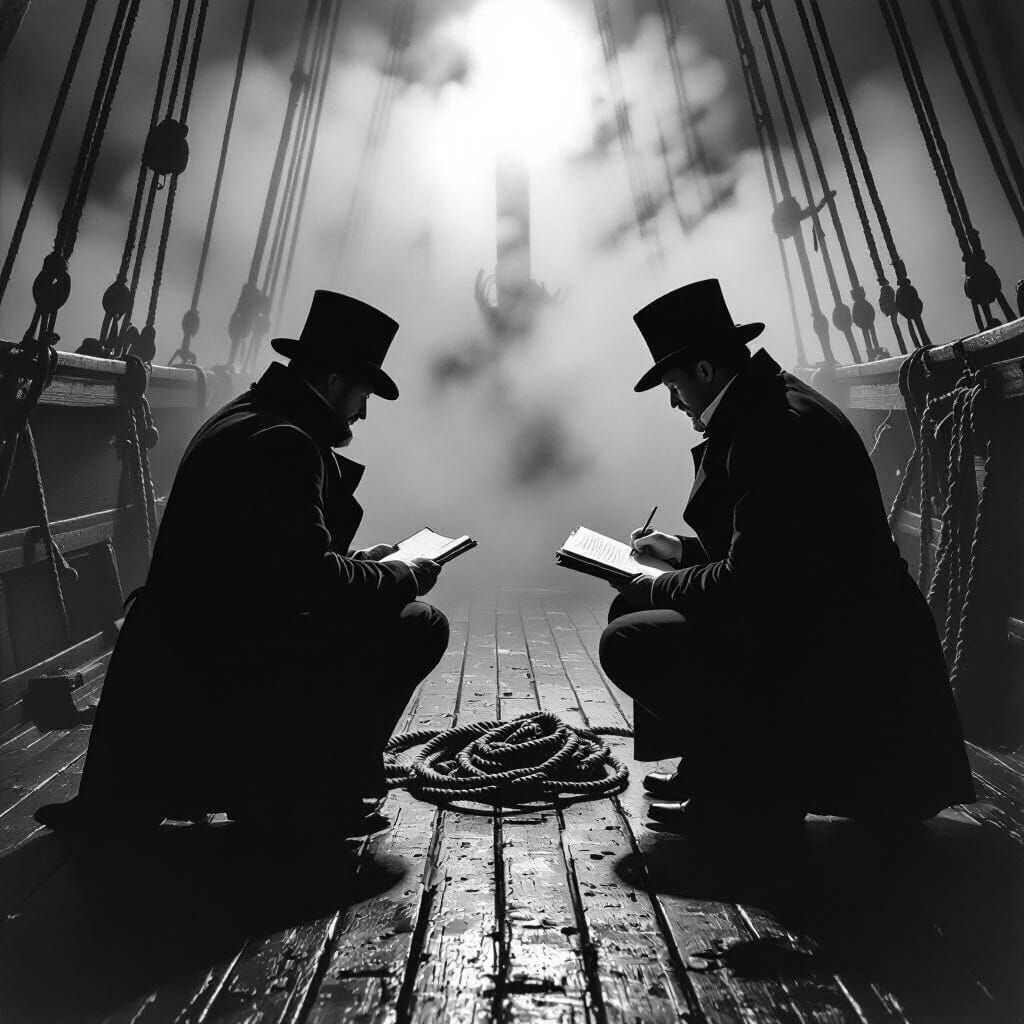 black-and-white comic style illustration of two Victorian-era investigators in long coats examining the empty deck of th...