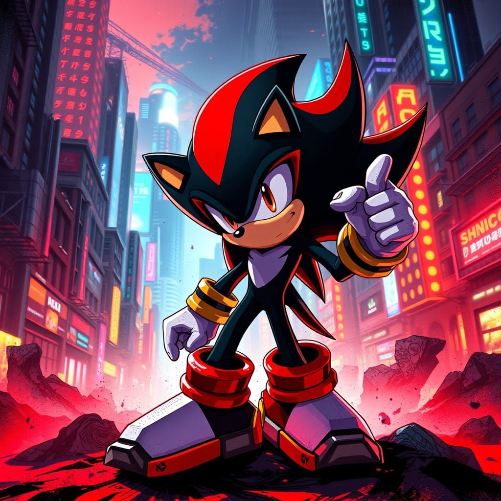 Heroic Shadow the Hedgehog in Cyberpunk Cityscape
