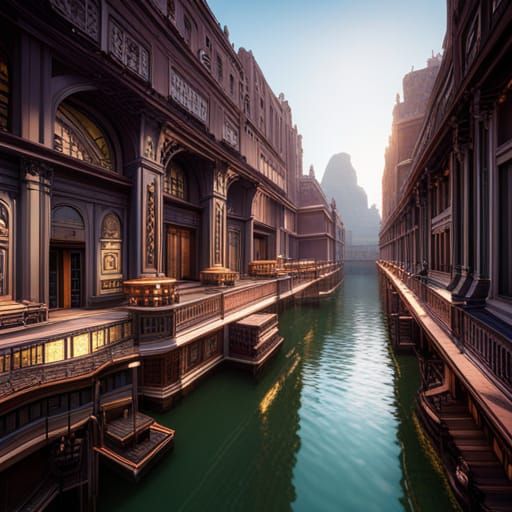 Art Deco Temples Along Canal: Fantasy Concept Art