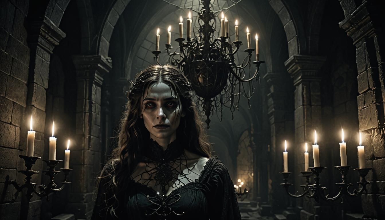 Eerie Woman in Gothic Chamber, Etching Style