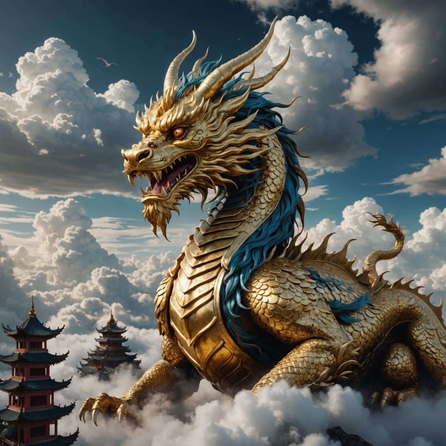 Golden Chinese Dragon in the Clouds