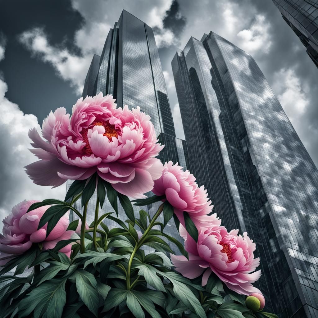 Peonies Growing Over Skyscraper in Hyperrealistic Style