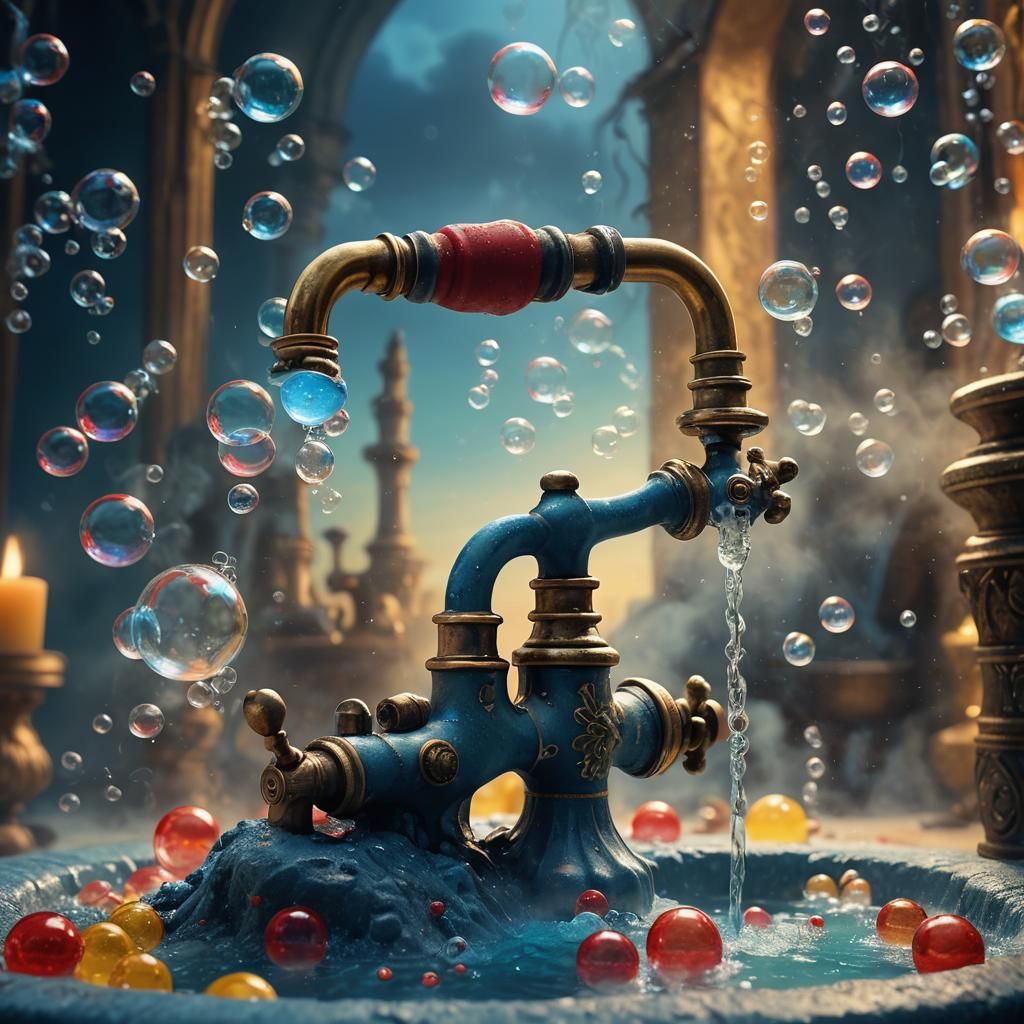Mystical Tap Surrounded by Soap Bubbles in Eerie Environment