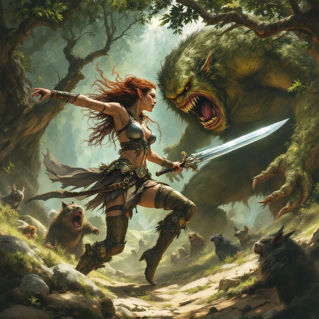 Elf Warrior Battles Troll in Wilderness