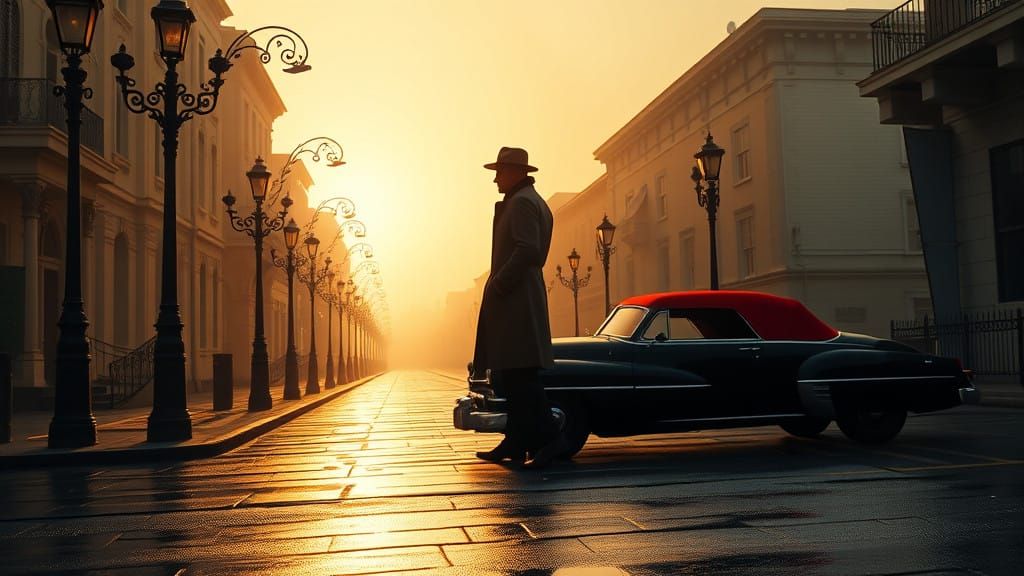 A cinematic noir-style New Orleans street scene at sunrise, ...