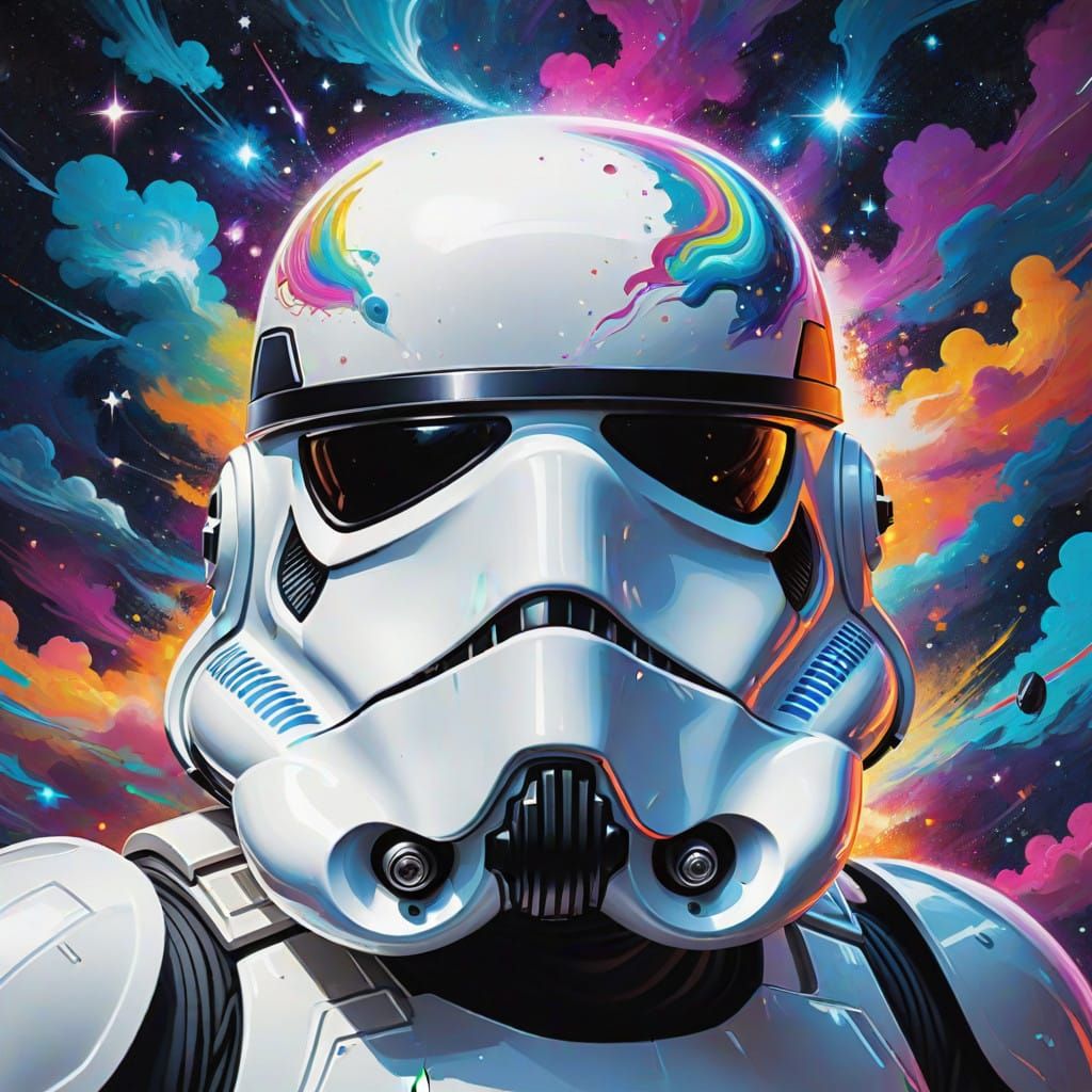 Cosmic Ape in Stormtrooper Helmet, Vibrant Galaxy Backdrop