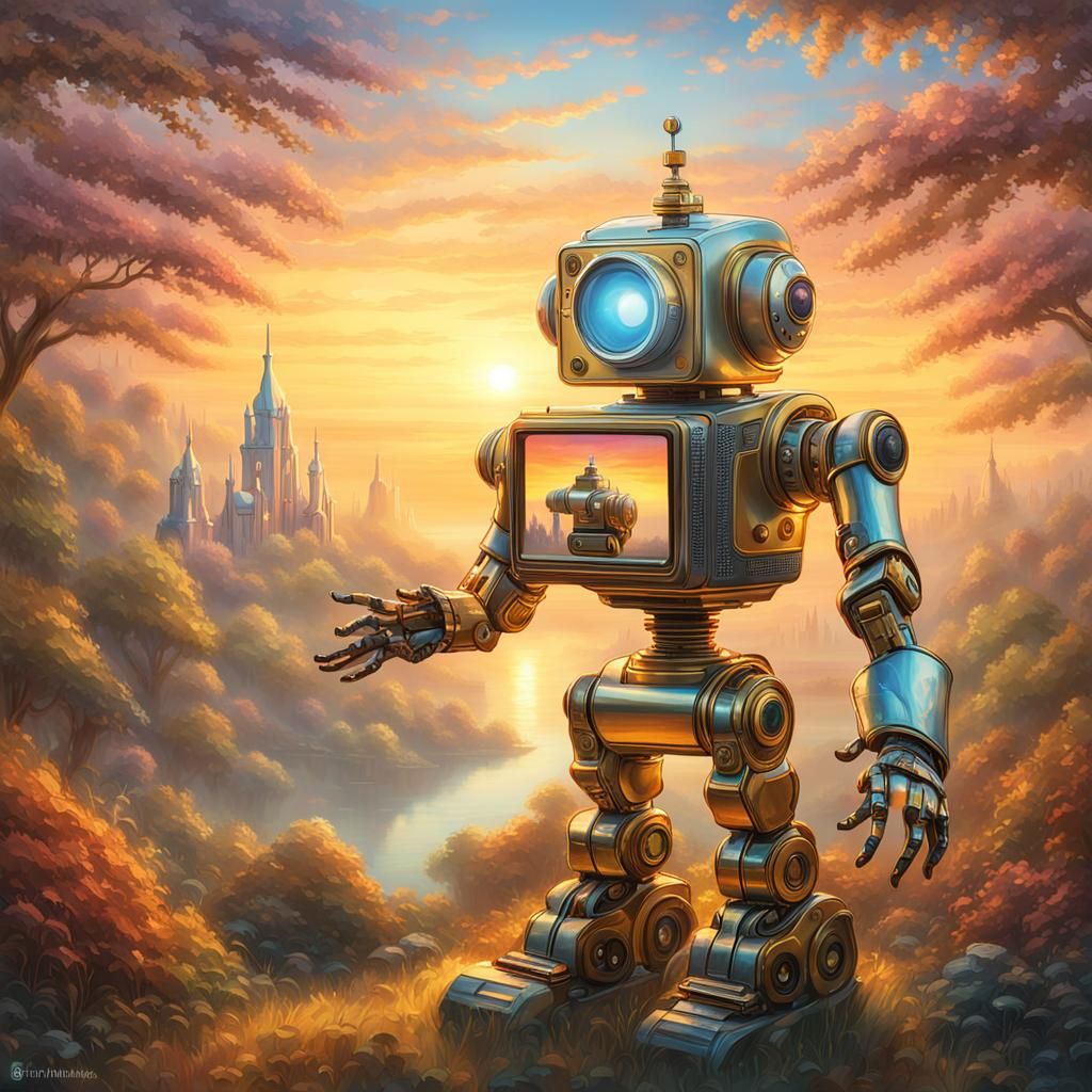 Robot Gazing at Mirrored Sunrise: Ethereal Fantasy Art