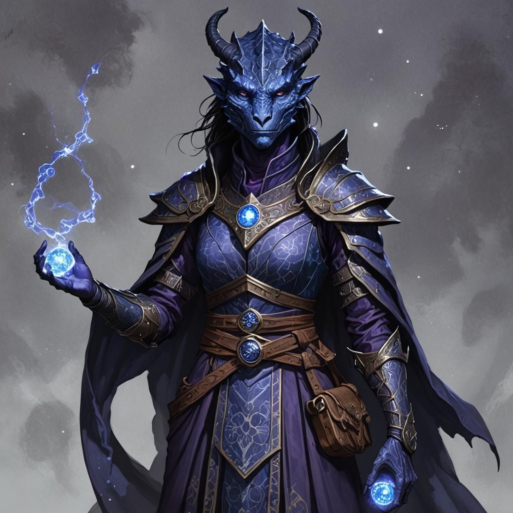 Blue Dragonborn Divination Wizard in Lightning Storm