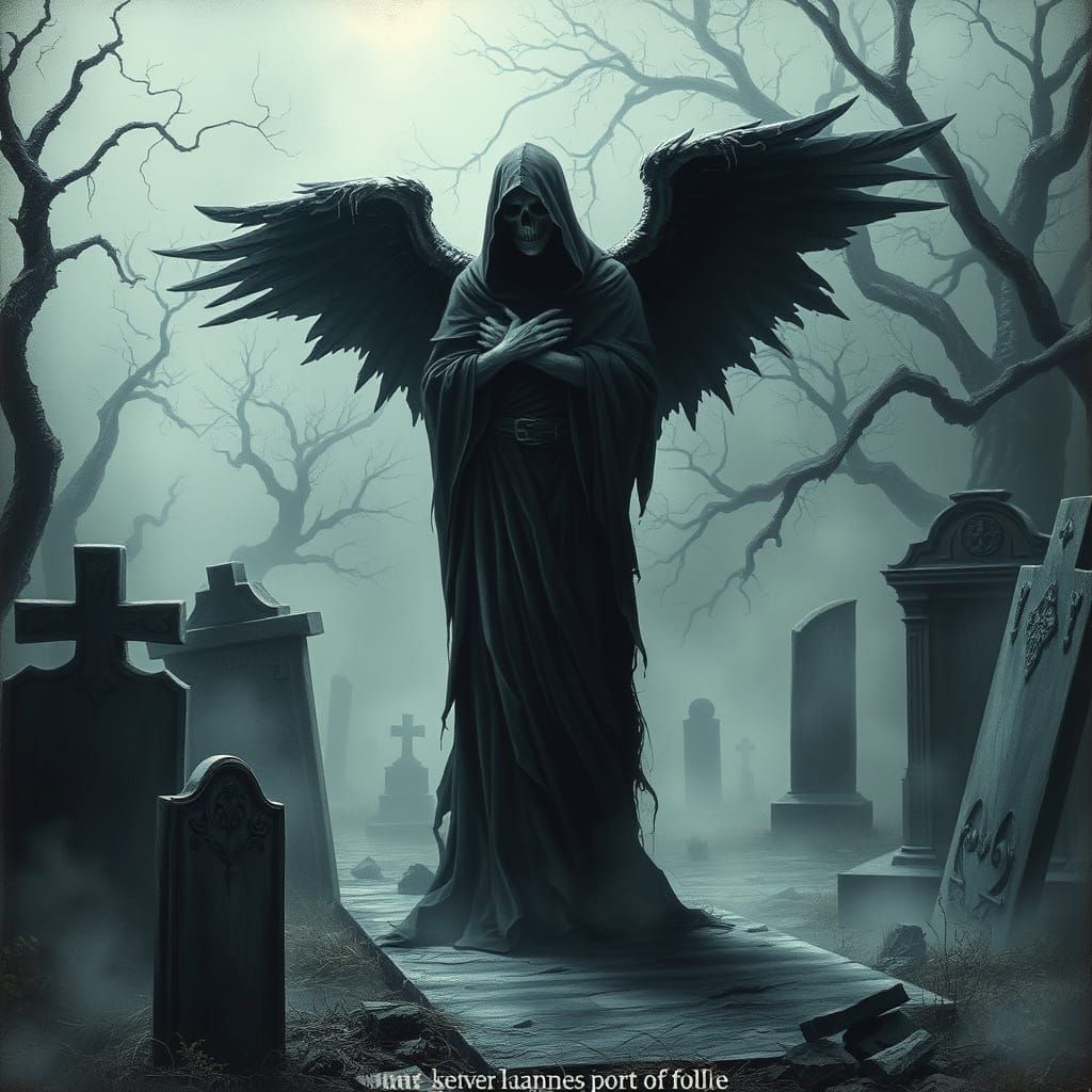 Haunted Cemetery Angel in Dark, Muted Horror Art