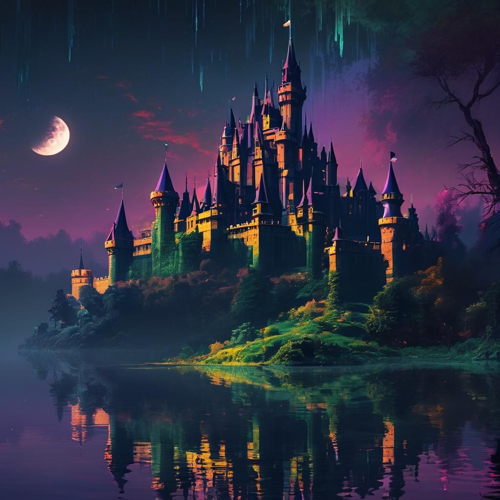 Moonlit Castle River in Glitchcore Style