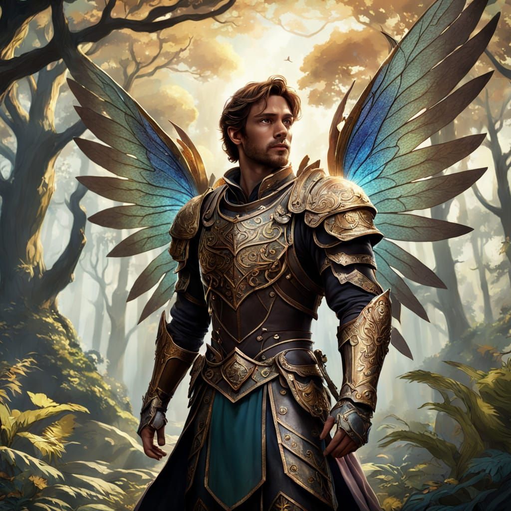 Regal Young Fantasy Prince with Wood Crown and Fairy Wings i...