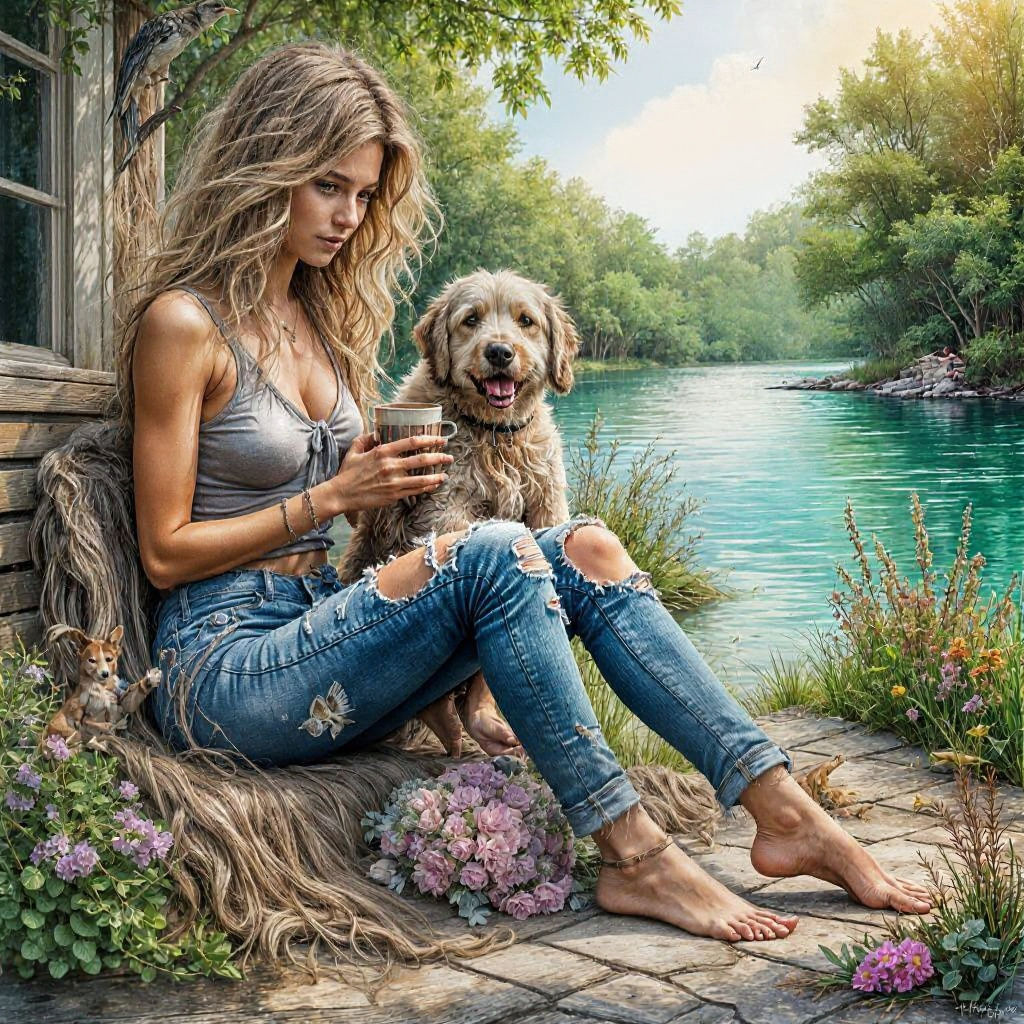 Lakeside Morning with Woman, in Watercolor Style