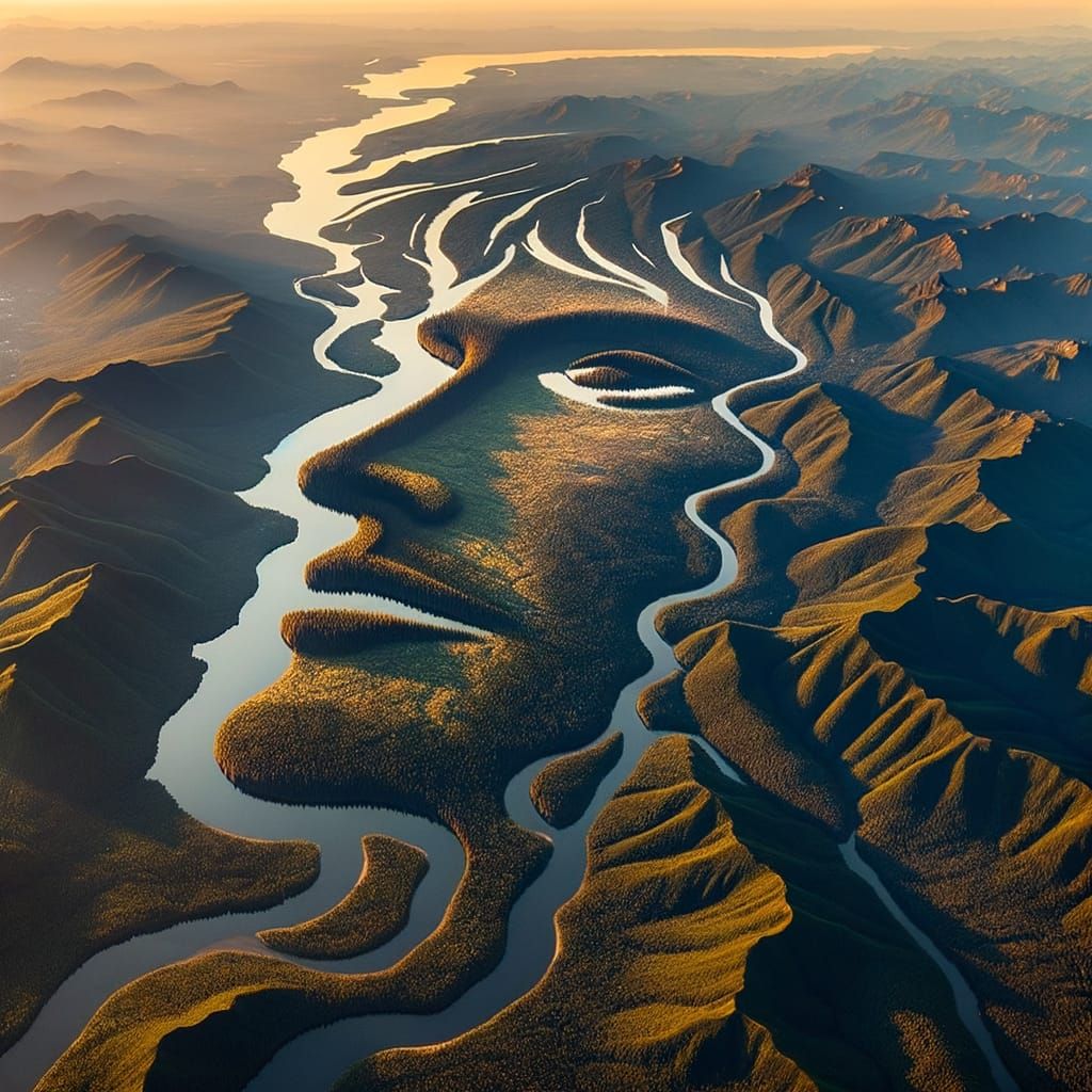 Aerial Landscape Forms Human Face at Sunset