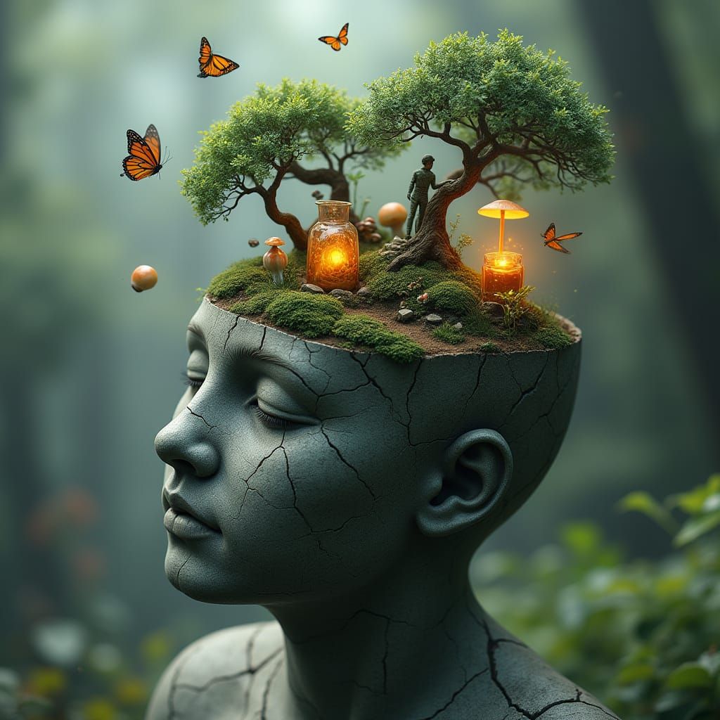 Miniature World Garden Inside Stone Head