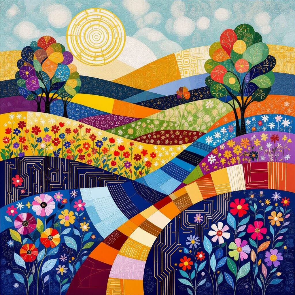 Geometric Spring Meadow with Motherboard Circuitry