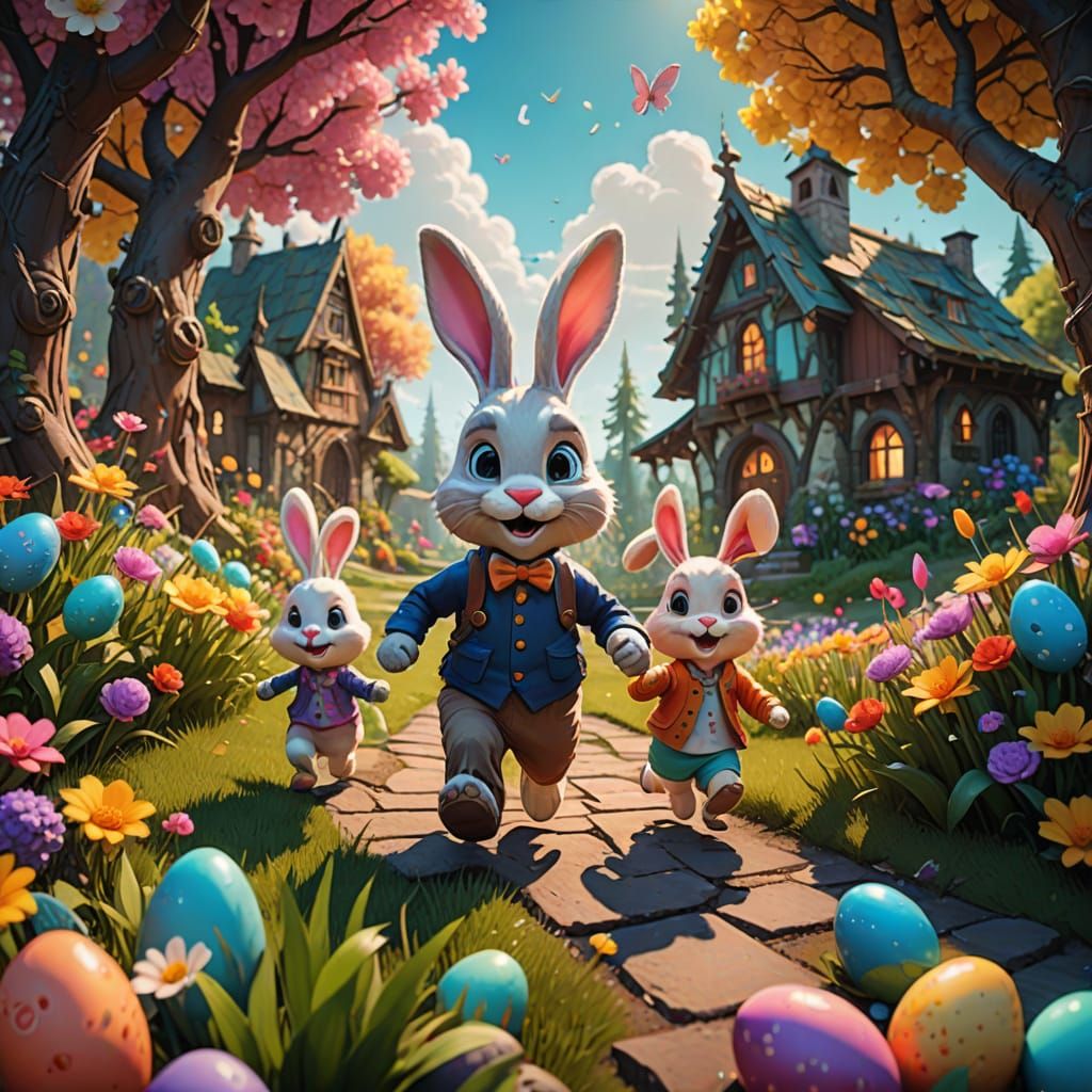 Whimsical Easter Wonderland in Vibrant Digital Art