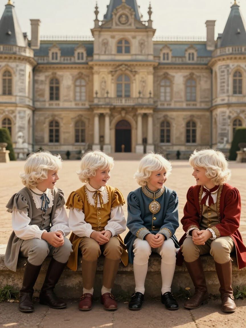 Children in 70s Knight Outfits in Ancient Palace Courtyard