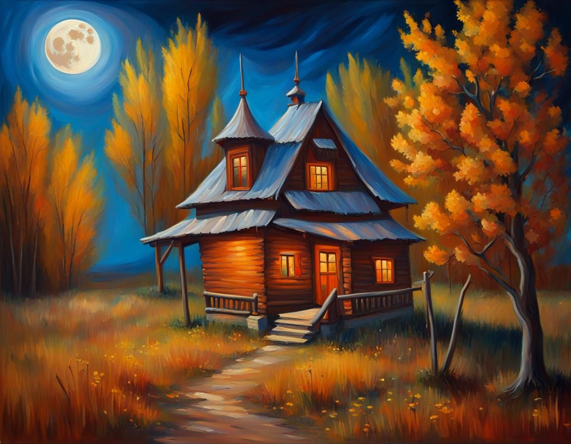 Ukrainian House in Steppe Under Moonlight, Oil Painting