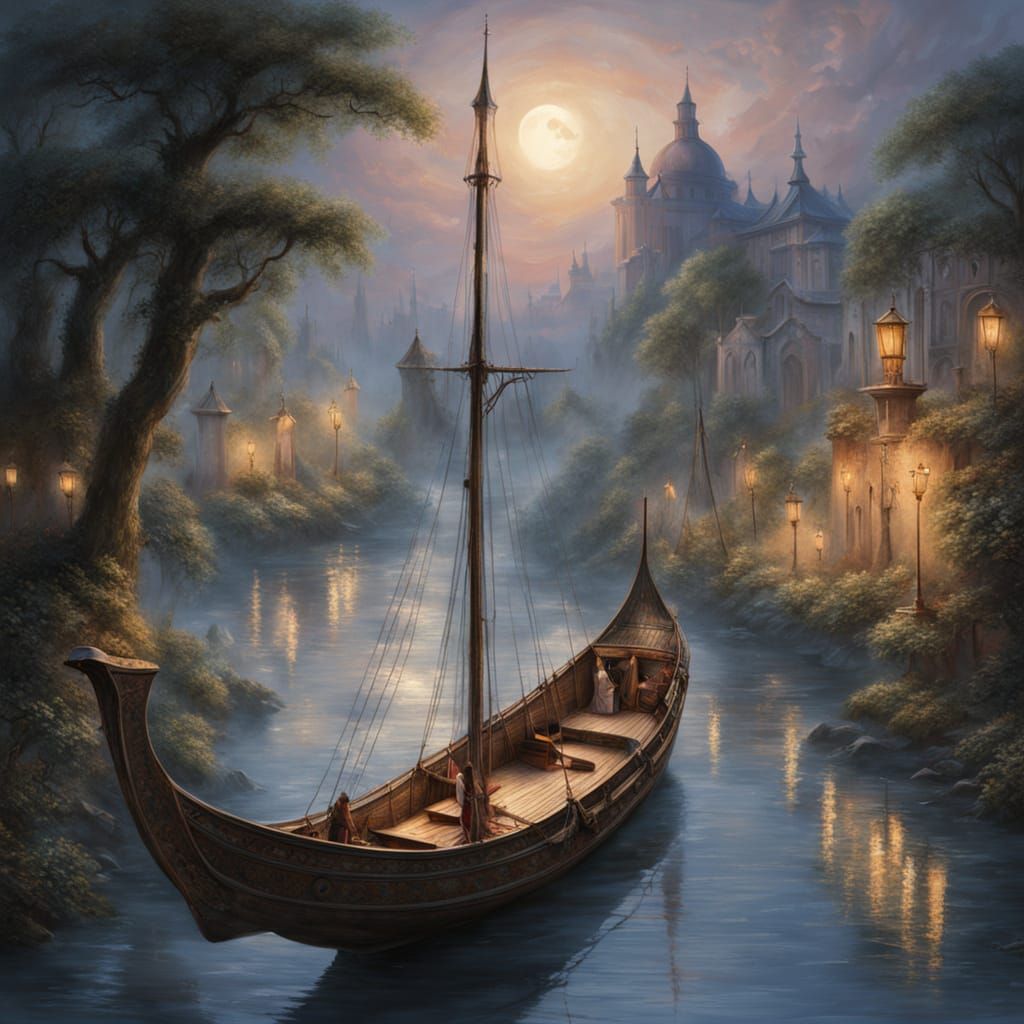 Magical Felucca on Moonlit Stream in Rococo Surreal Style
