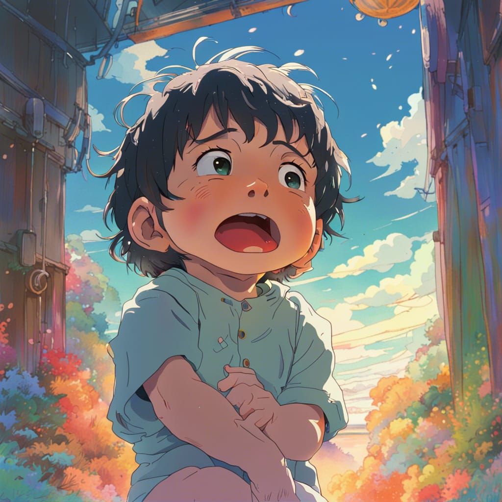 Crying Baby Art in Vibrant Cel-Shaded Style