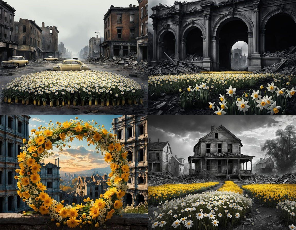 Stunning Double Exposure of Daisies and War-Torn Cityscape