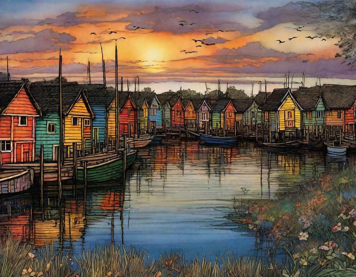 Sunset Bay with Colorful Huts in Fantasy Style