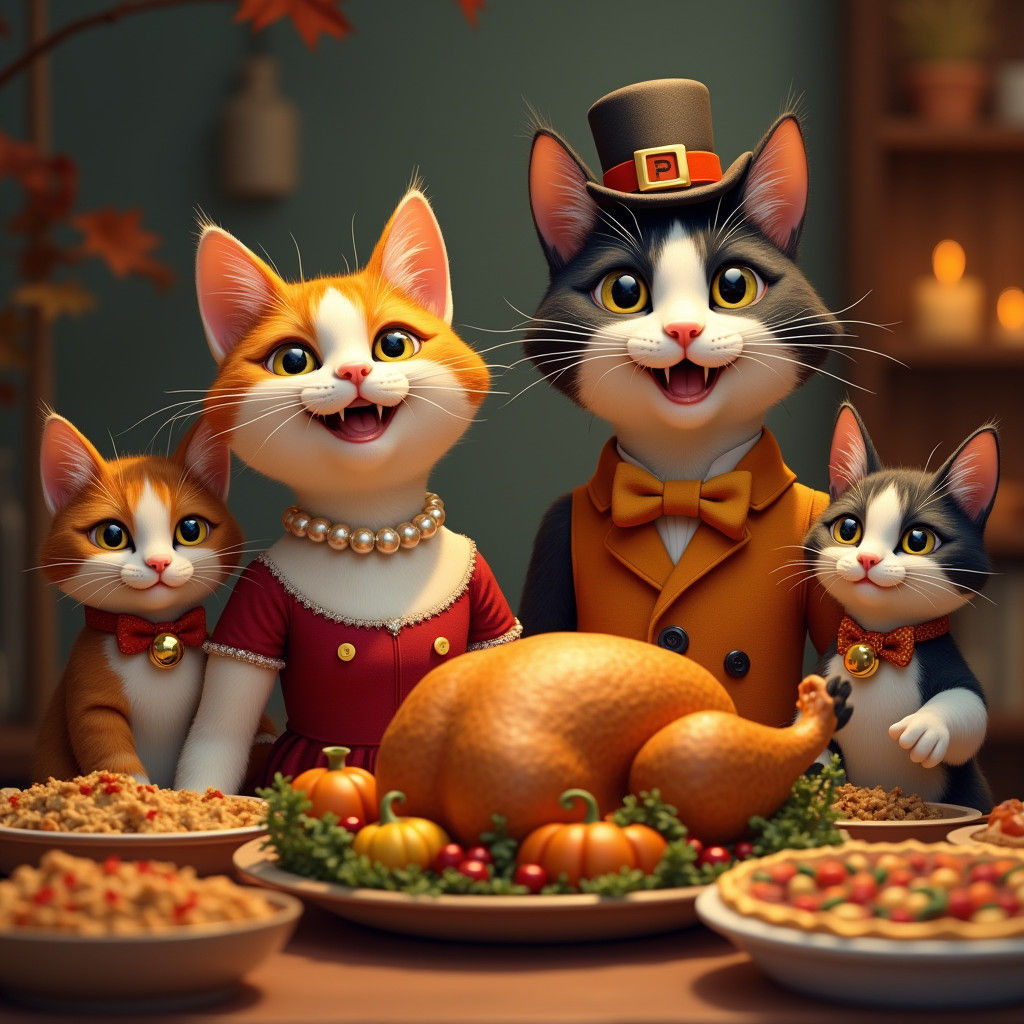 Calico Cat Family Thanksgiving Feast, Digital Painting
