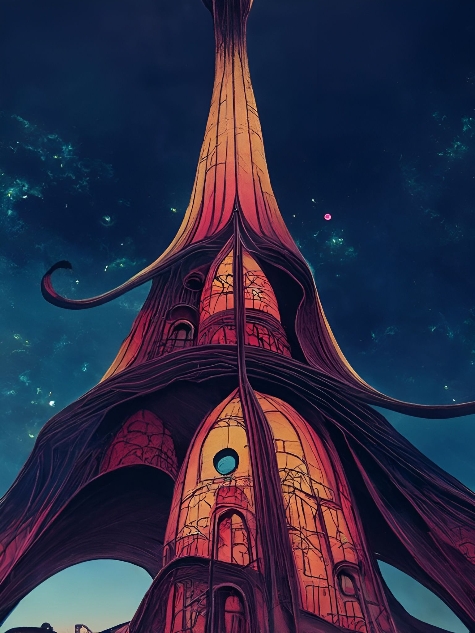 Tower in Psychedelic Sci-Fi Dreamscape, Digital Illustration