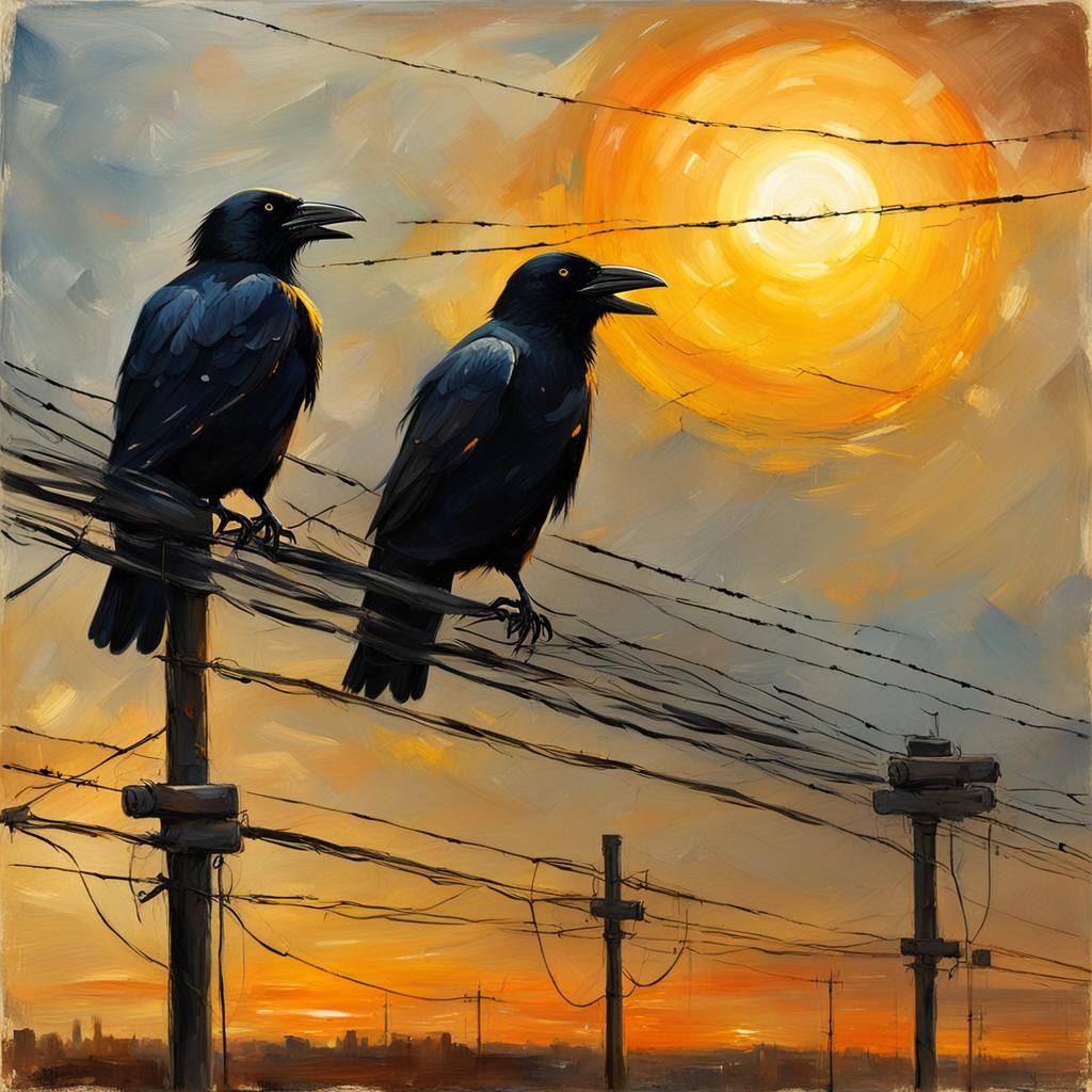 Crows on Wires at Golden Hour, Impressionist Oil