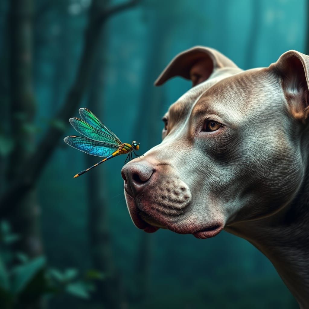 Grey Pitbull Curious About Emerald Dragonfly in Mystical For...