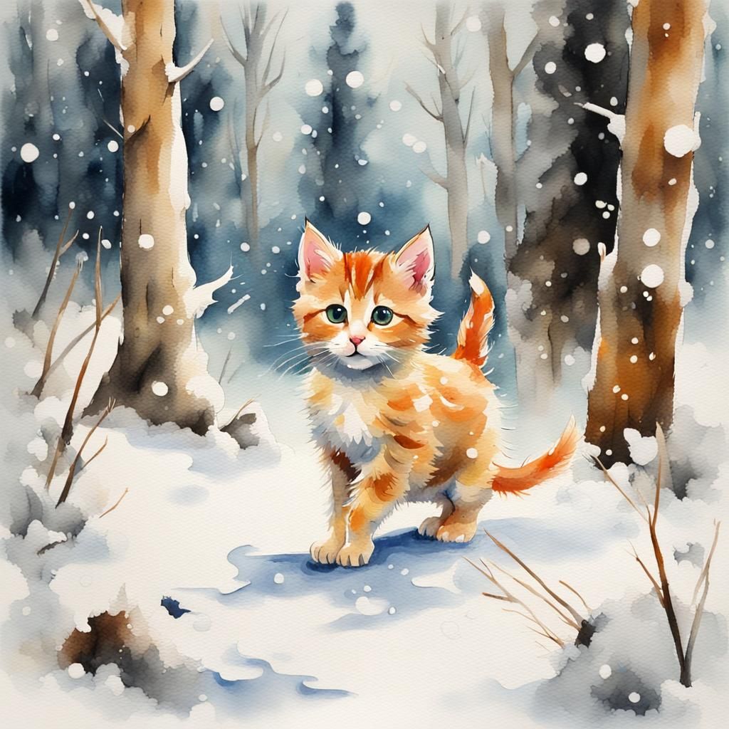Cute Kitten in Snowy Forest, Anime Style