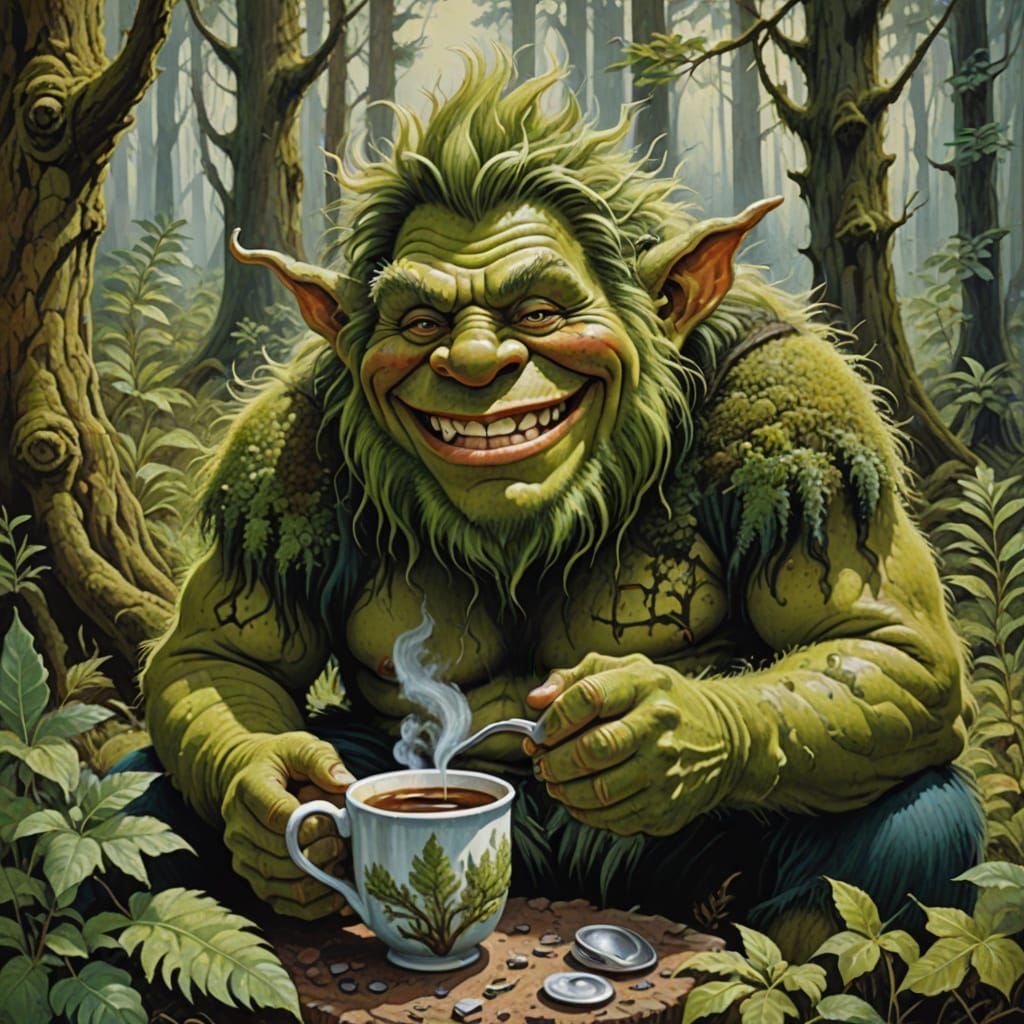 Scandinavian Troll Savoring Coffee, Impasto Gouache Painting
