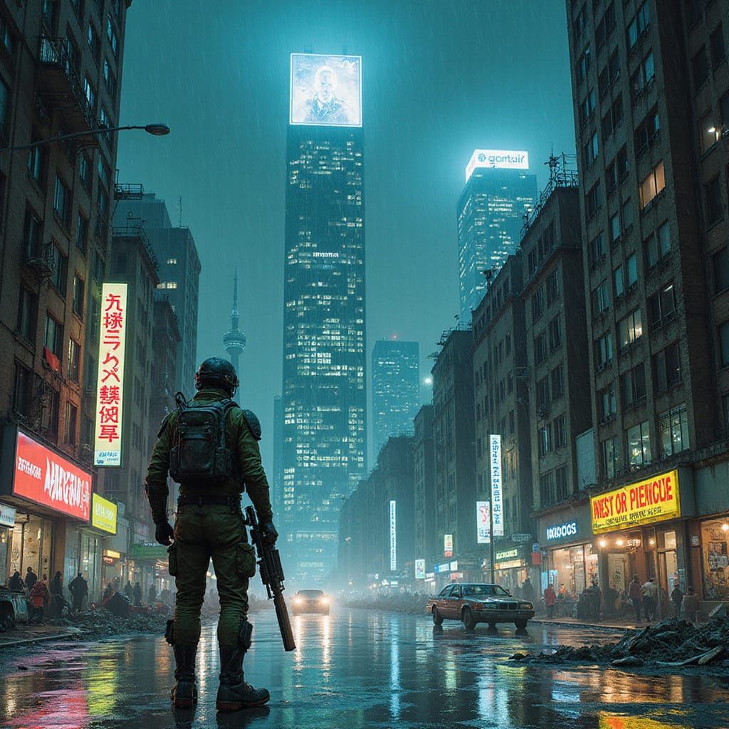 Cyborg Scavenger in Neon Dystopian City