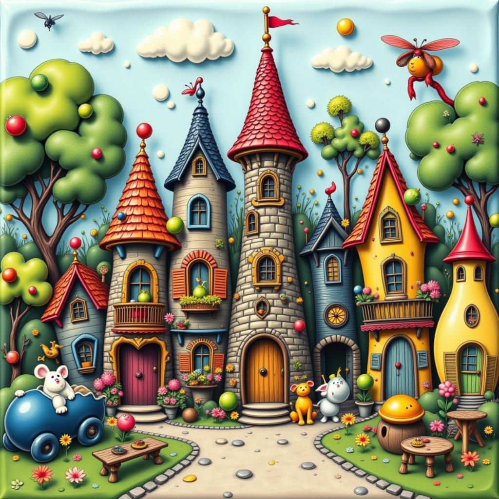 Whimsical Village with Cartoon Caricature Style