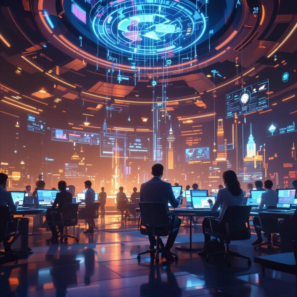 Futuristic Adult Classroom with Holographic Learning